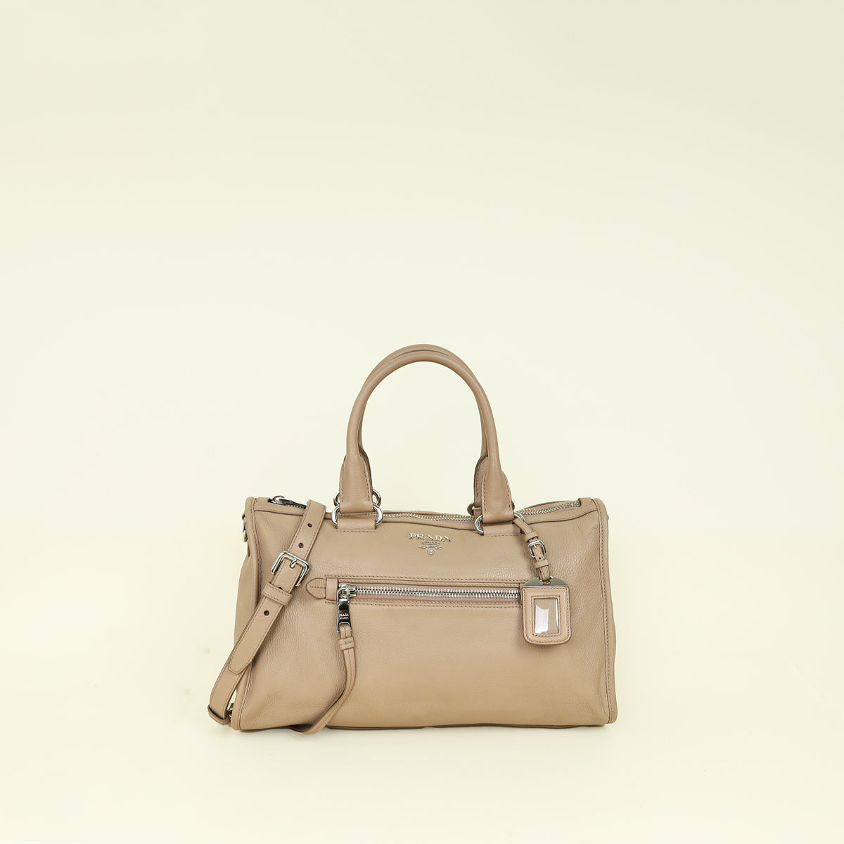 Prada Cammeo Beige Soft Vitello Phenix Bauletto Top Handle Bag