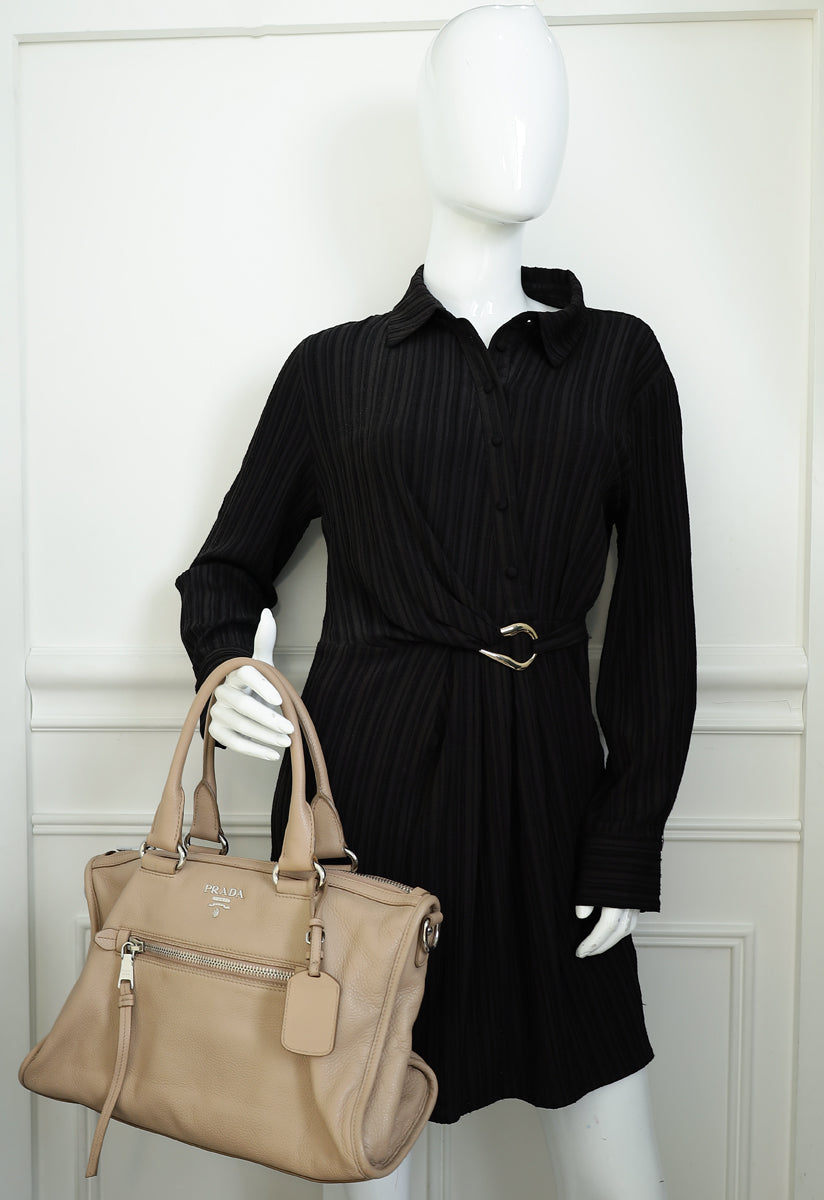 Prada Cammeo Beige Soft Vitello Phenix Bauletto Top Handle Bag