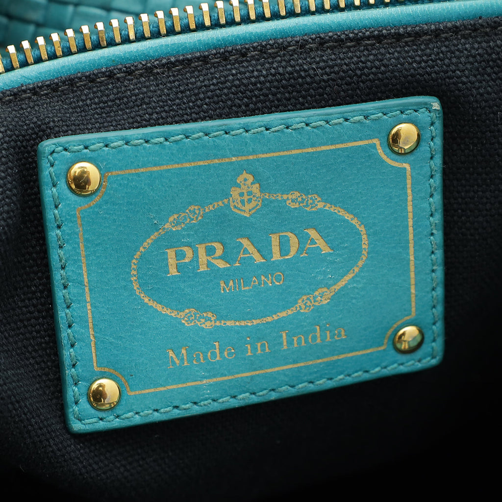 Prada Bicolor Woven Madras Top Handle Tote Bag