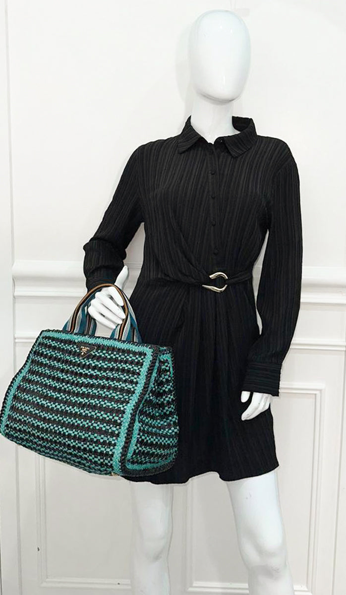 Prada Bicolor Woven Madras Top Handle Tote Bag