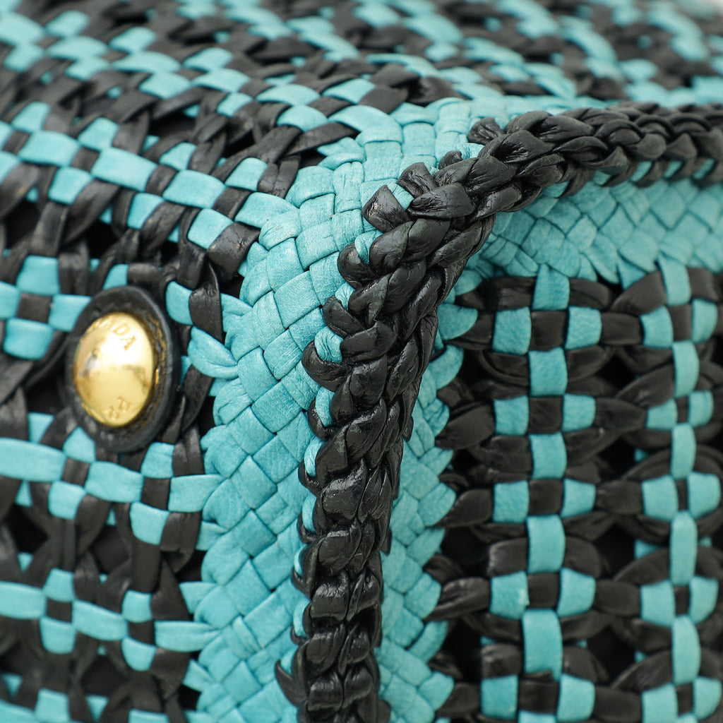 Prada Bicolor Woven Madras Top Handle Tote Bag