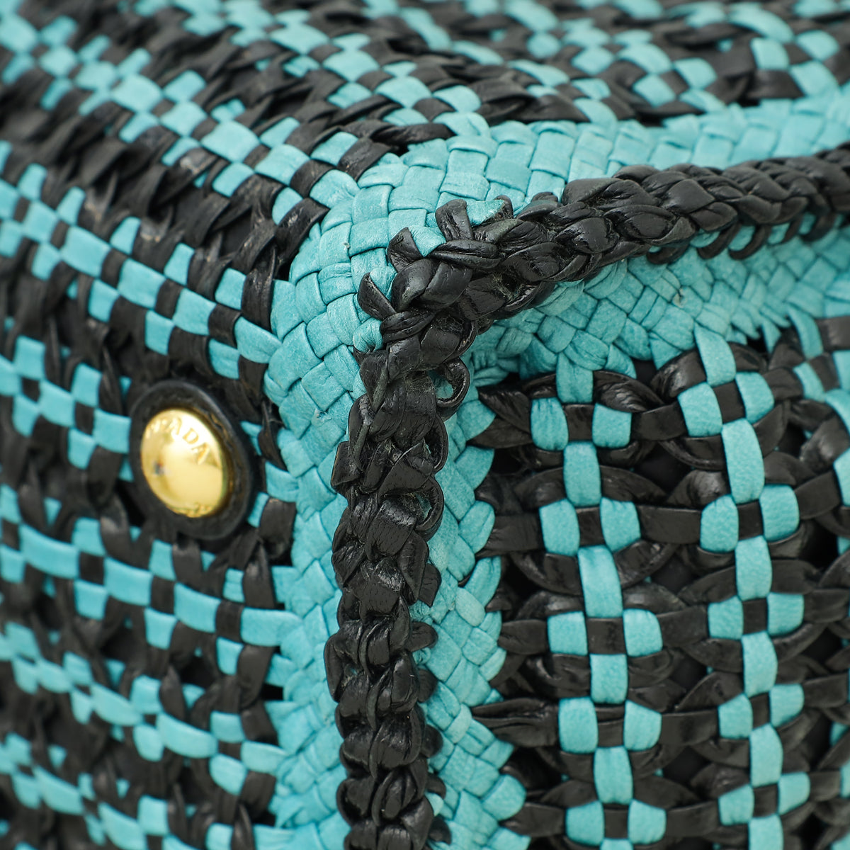 Prada Bicolor Woven Madras Top Handle Tote Bag