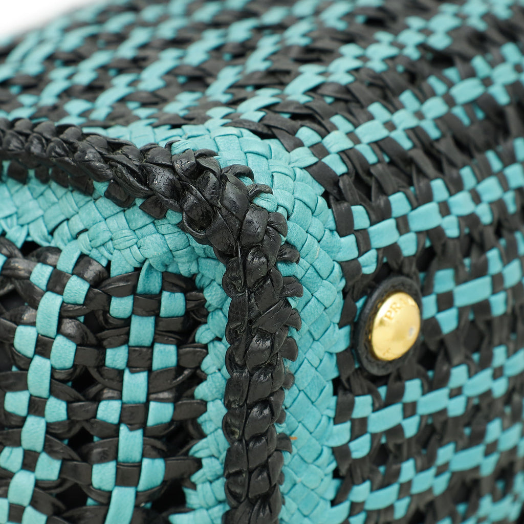 Prada Bicolor Woven Madras Top Handle Tote Bag