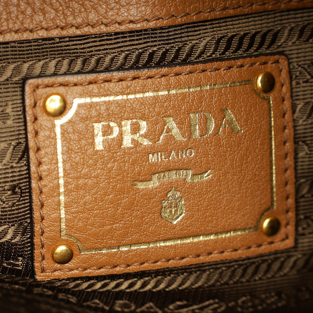 Prada Brown Logo Embossed Vitello Hobo Bag