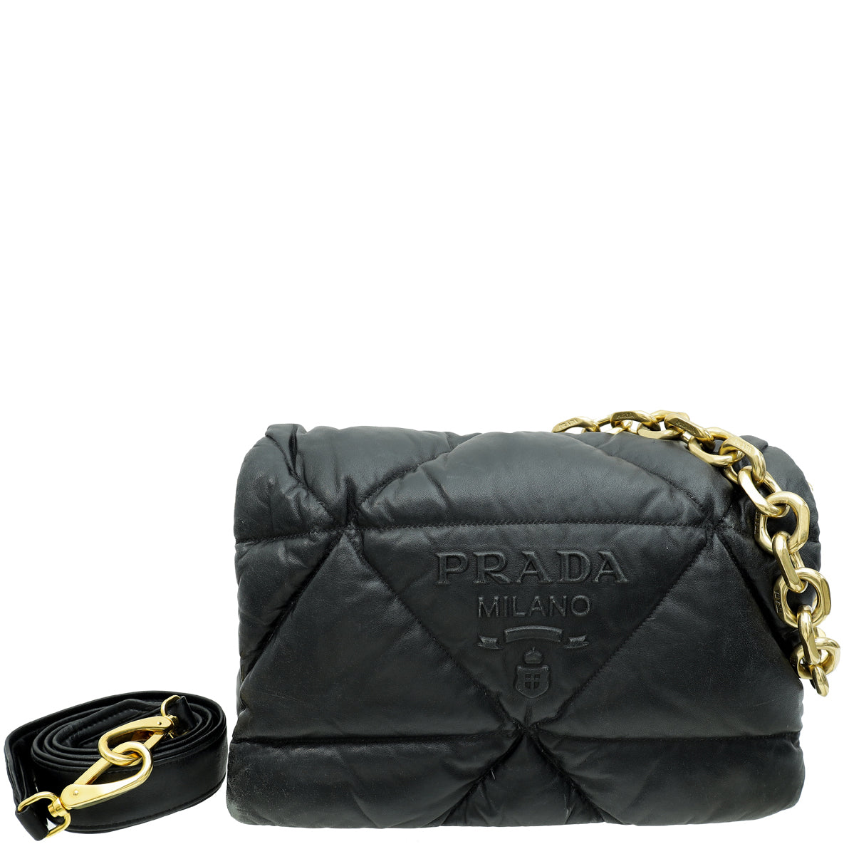 Prada Black Soft Padded Logo Embossed Triangle Quilted Shoulder Bag