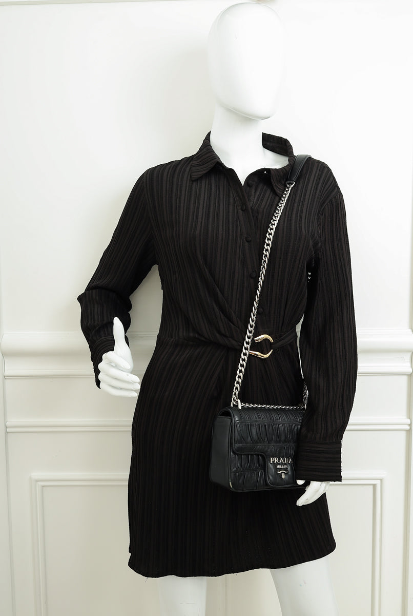 Prada Black Nappa Gaufre Small Chain Flap Shoulder Bag