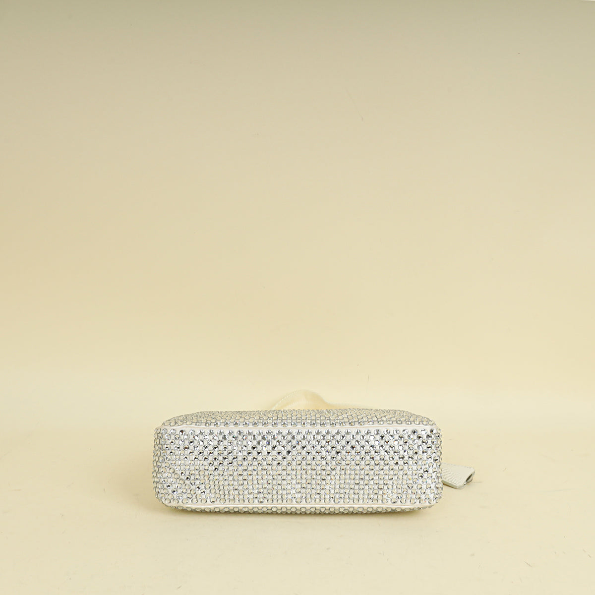 Prada White Satin Re-Edition 2000 Mini Bag w/ Artificial Crystal
