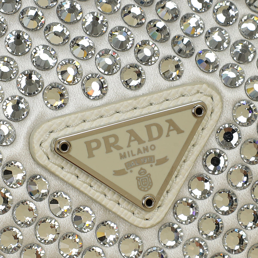 Prada White Satin Re-Edition 2000 Mini Bag w/ Artificial Crystal