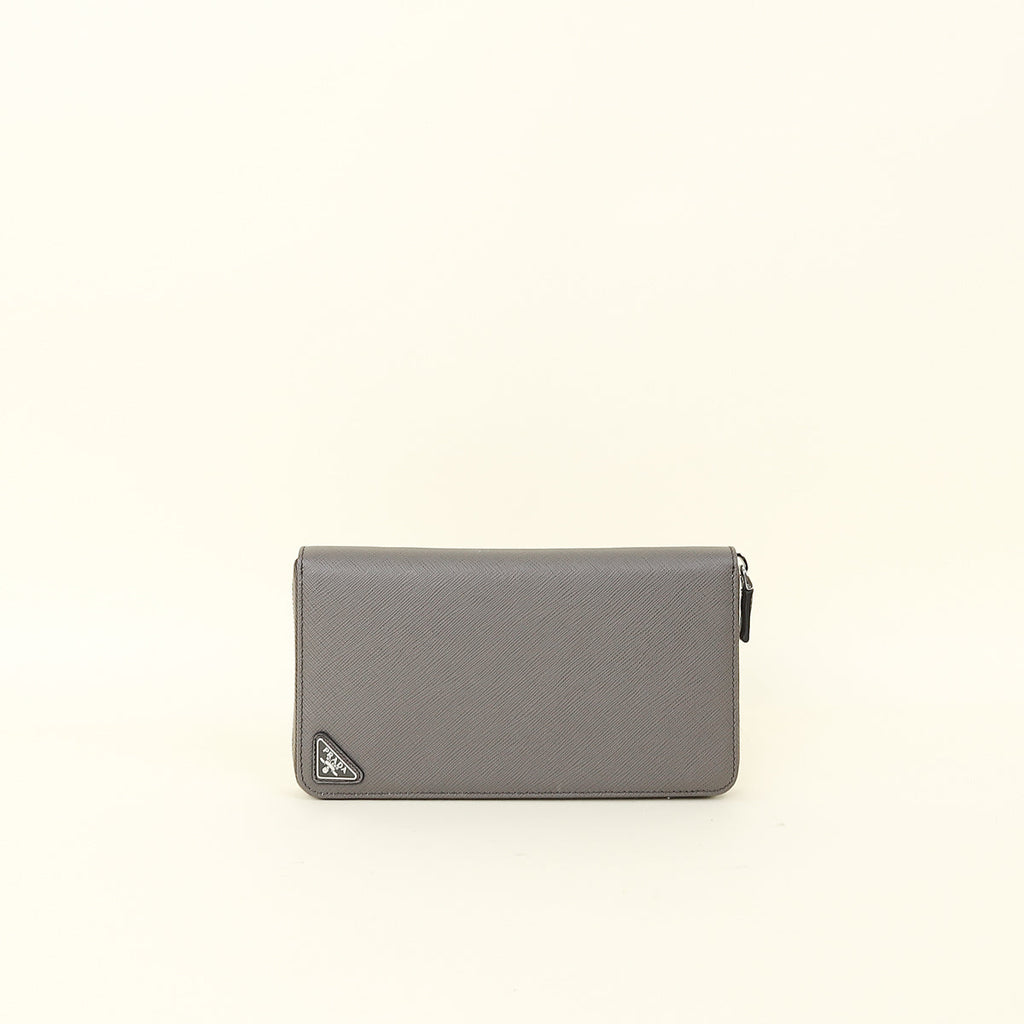 Prada Dark Gray Triangle Logo Large Zip Around Wallet (For Men)