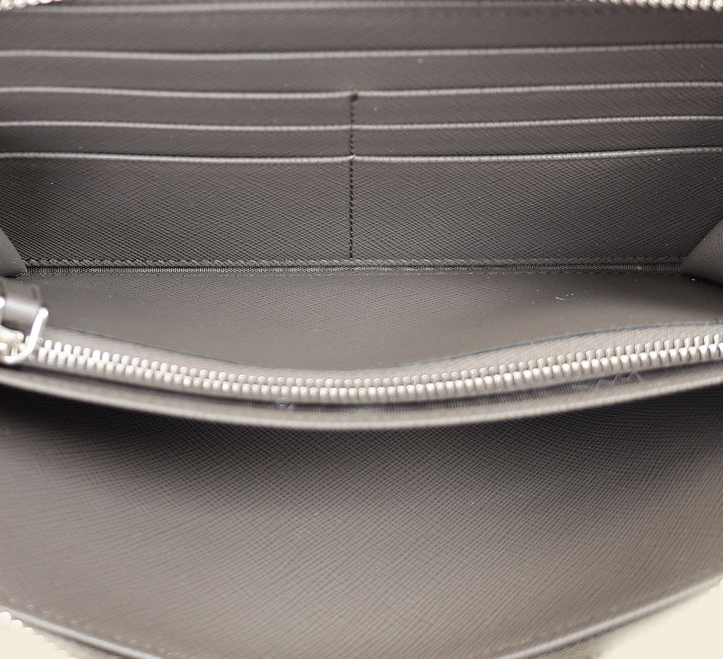 Prada Dark Gray Triangle Logo Large Zip Around Wallet (For Men)
