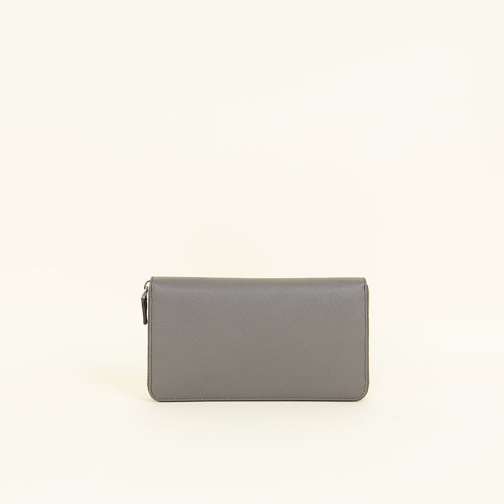 Prada Dark Gray Triangle Logo Large Zip Around Wallet (For Men)