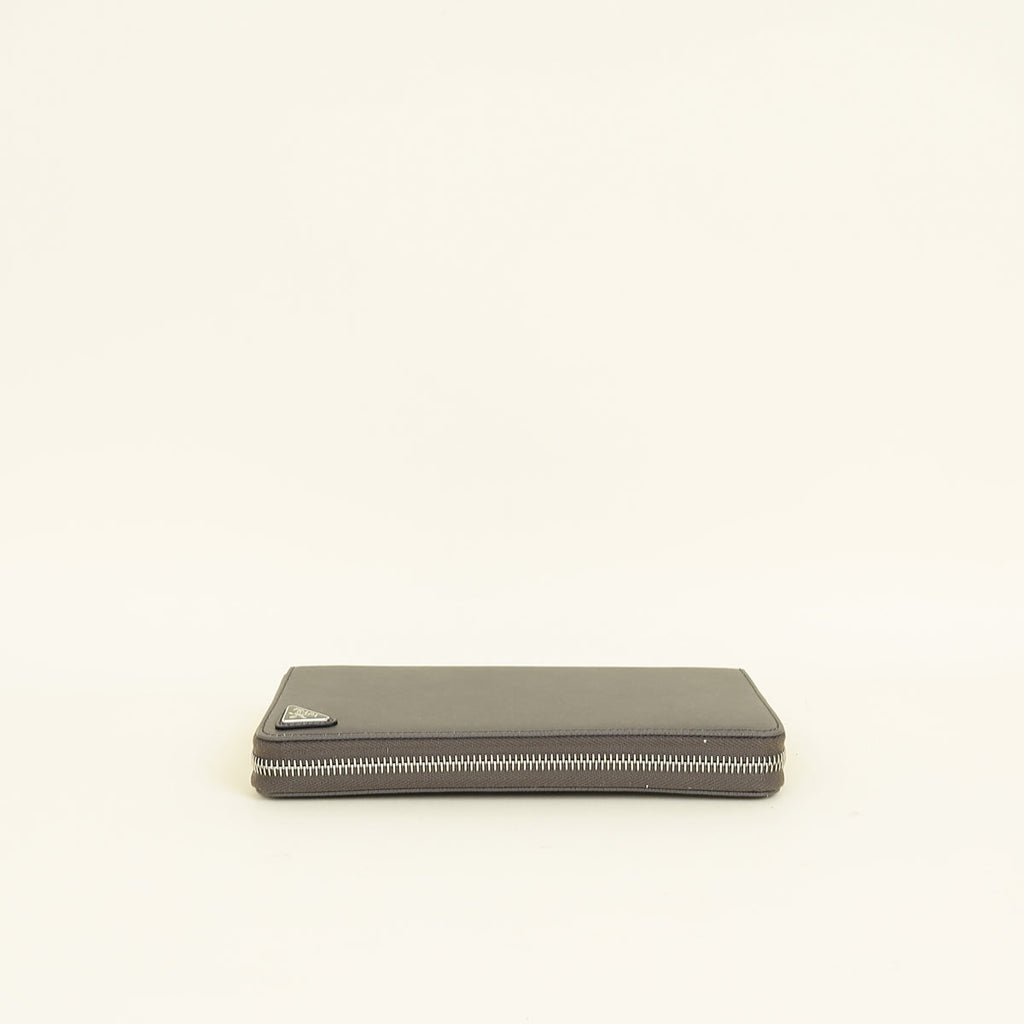 Prada Dark Gray Triangle Logo Large Zip Around Wallet (For Men)