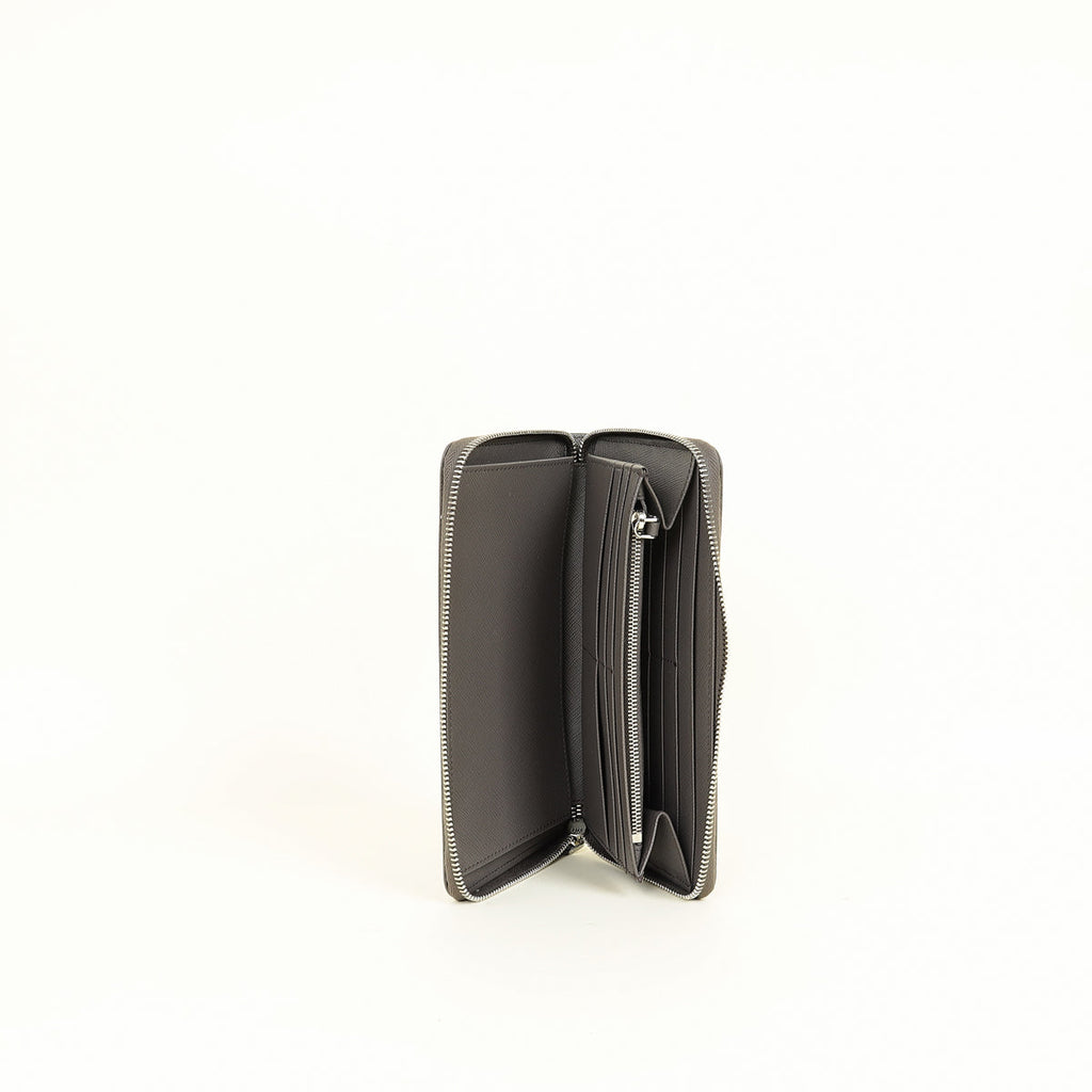 Prada Dark Gray Triangle Logo Large Zip Around Wallet (For Men)