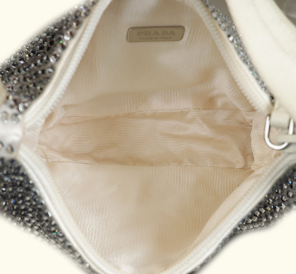 Prada White Satin Re-Edition 2000 Mini Bag w/Artificial Crystal