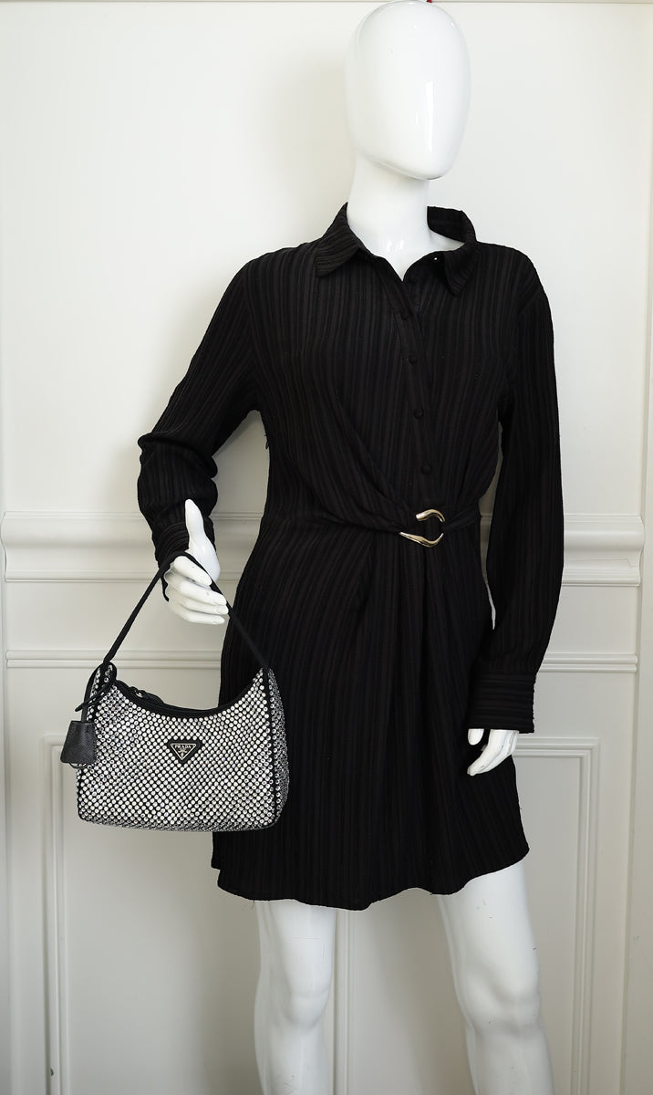 Prada Black Crystal-Embellished Satin Re-Edition 2000 Mini Bag