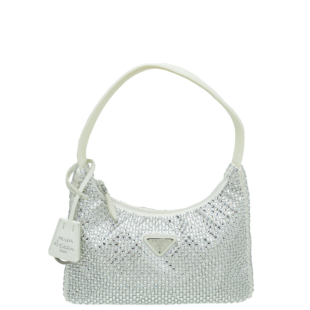 Prada White Satin Re-Edition 2000 Mini Bag w/ Artificial Crystal Bag