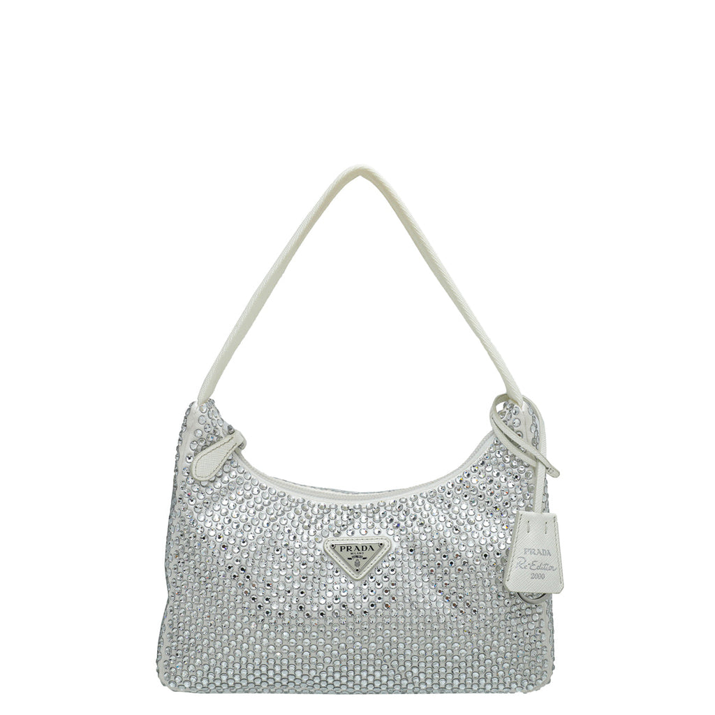 Prada White Satin Re-Edition 2000 Mini Bag w/Artificial Crystal