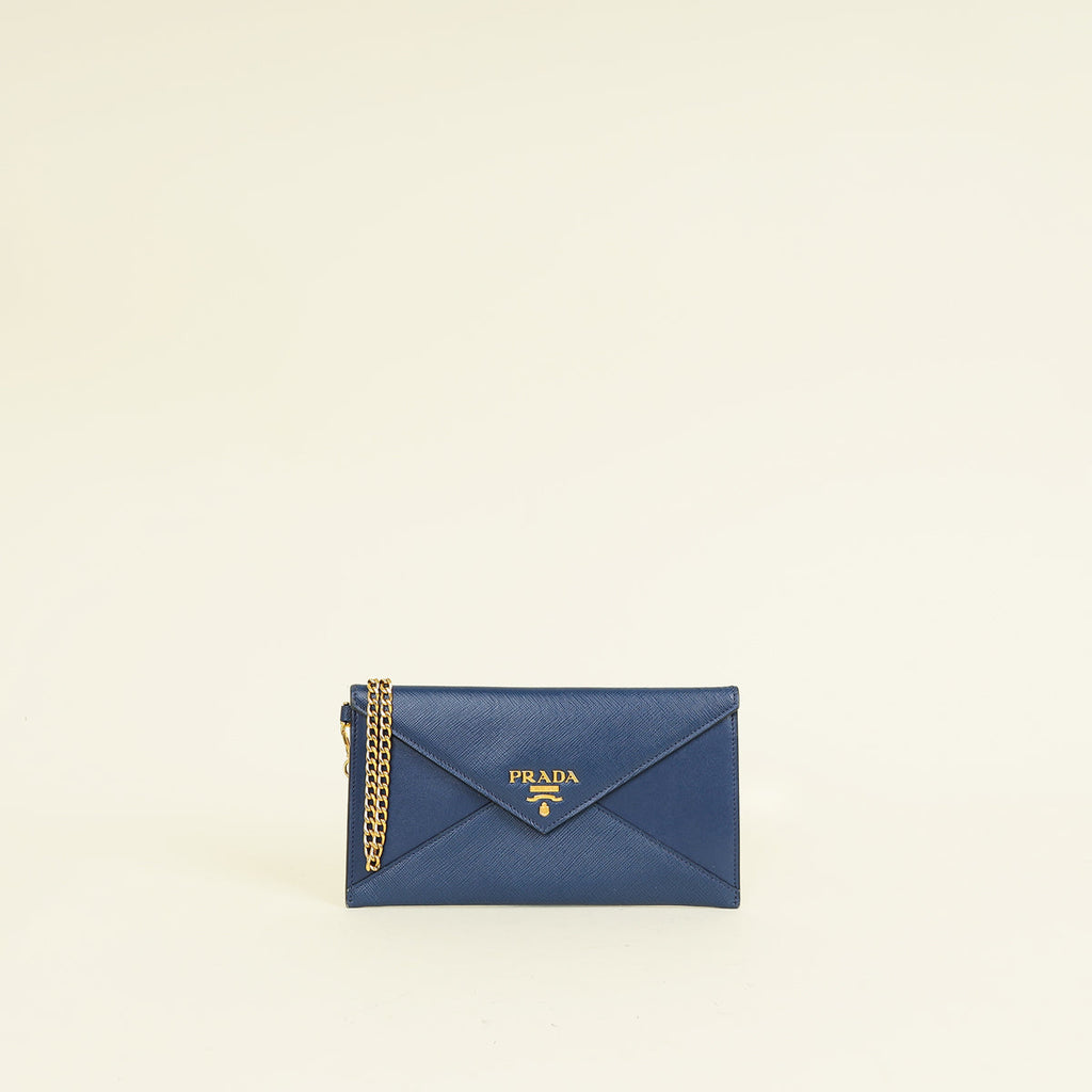 Prada Bluette Envelope Wristlet Chain Clutch