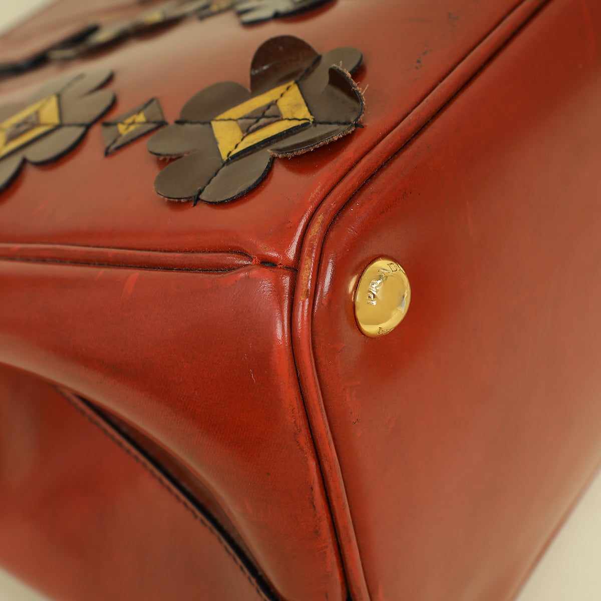 Prada Rust Orange Floral Appliqué Galleria Tote Bag