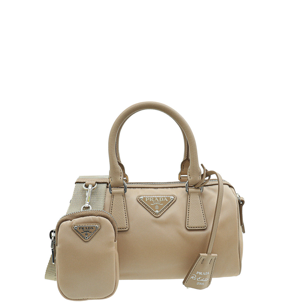 Prada Cammeo Beige Tessuto Re-Edition 2005 Bauletto Bag