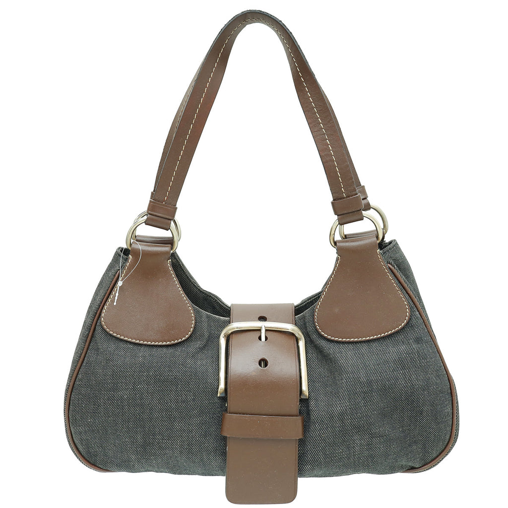 Prada Bicolor Denim Hobo Buckle Shoulder Bag