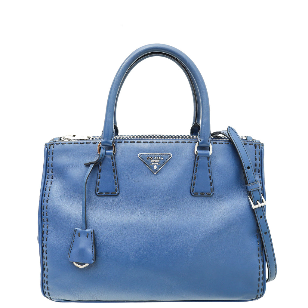 Prada Blue City Hand Stitched Galleria Tote Medium Bag