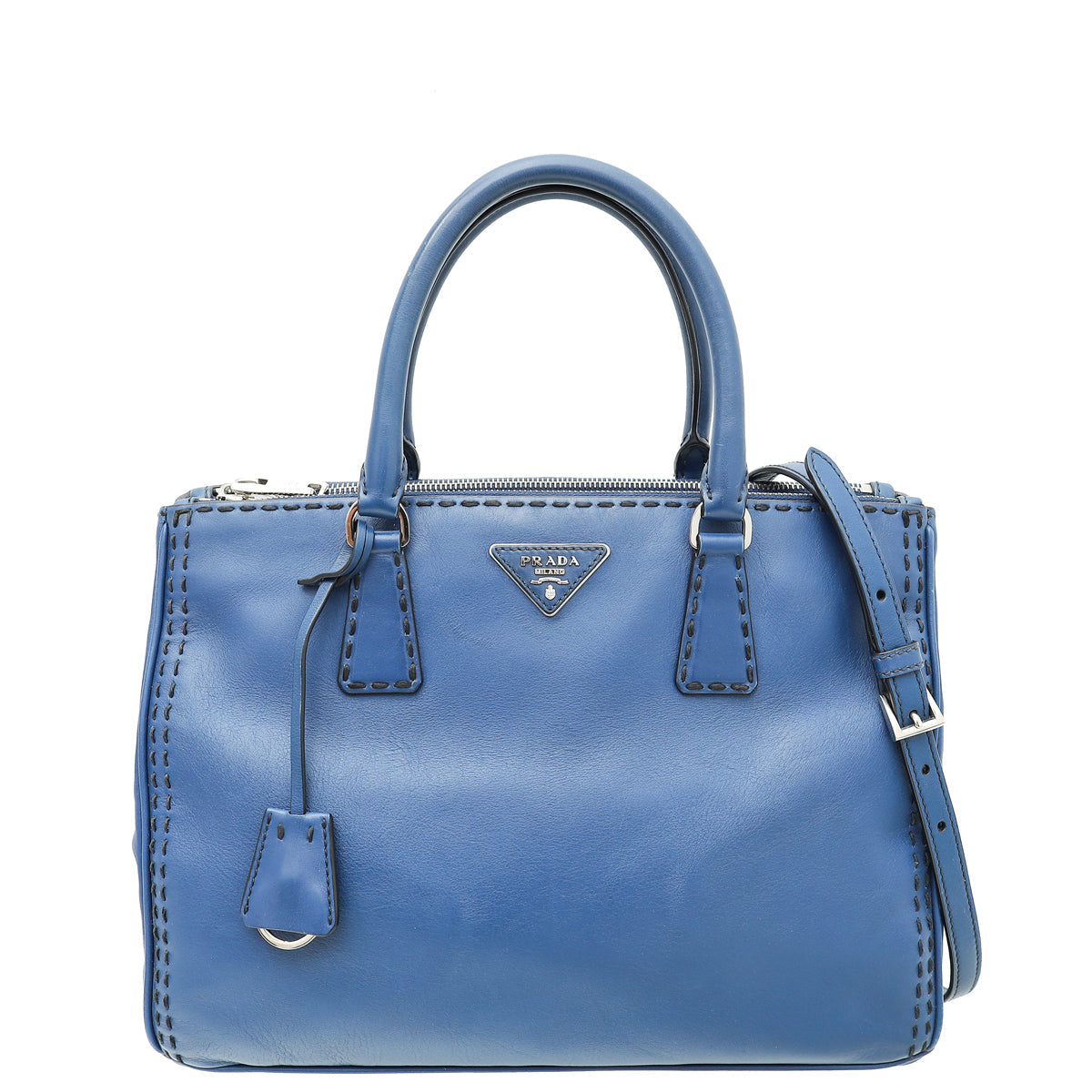 Prada Blue City Hand Stitched Galleria Tote Medium Bag