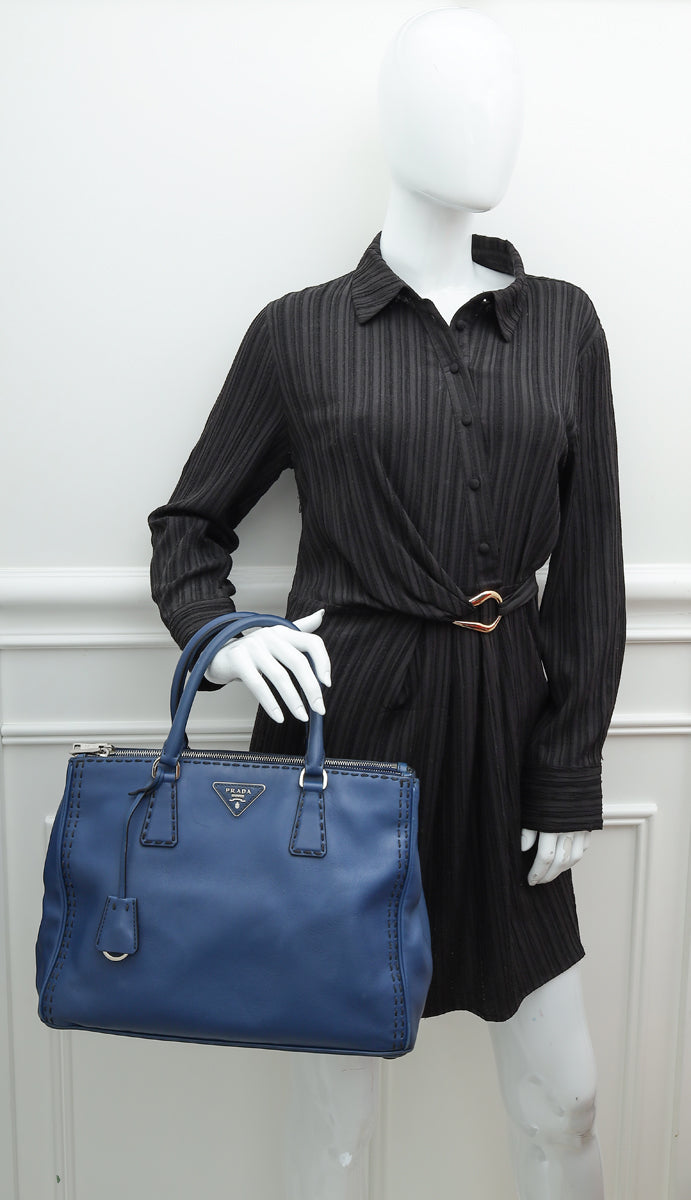Prada Blue City Hand Stitched Galleria Tote Medium Bag