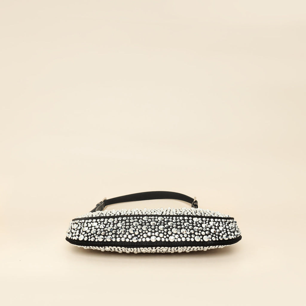 Prada Black Metal Crystal-Embellished Satin Cleo Bag