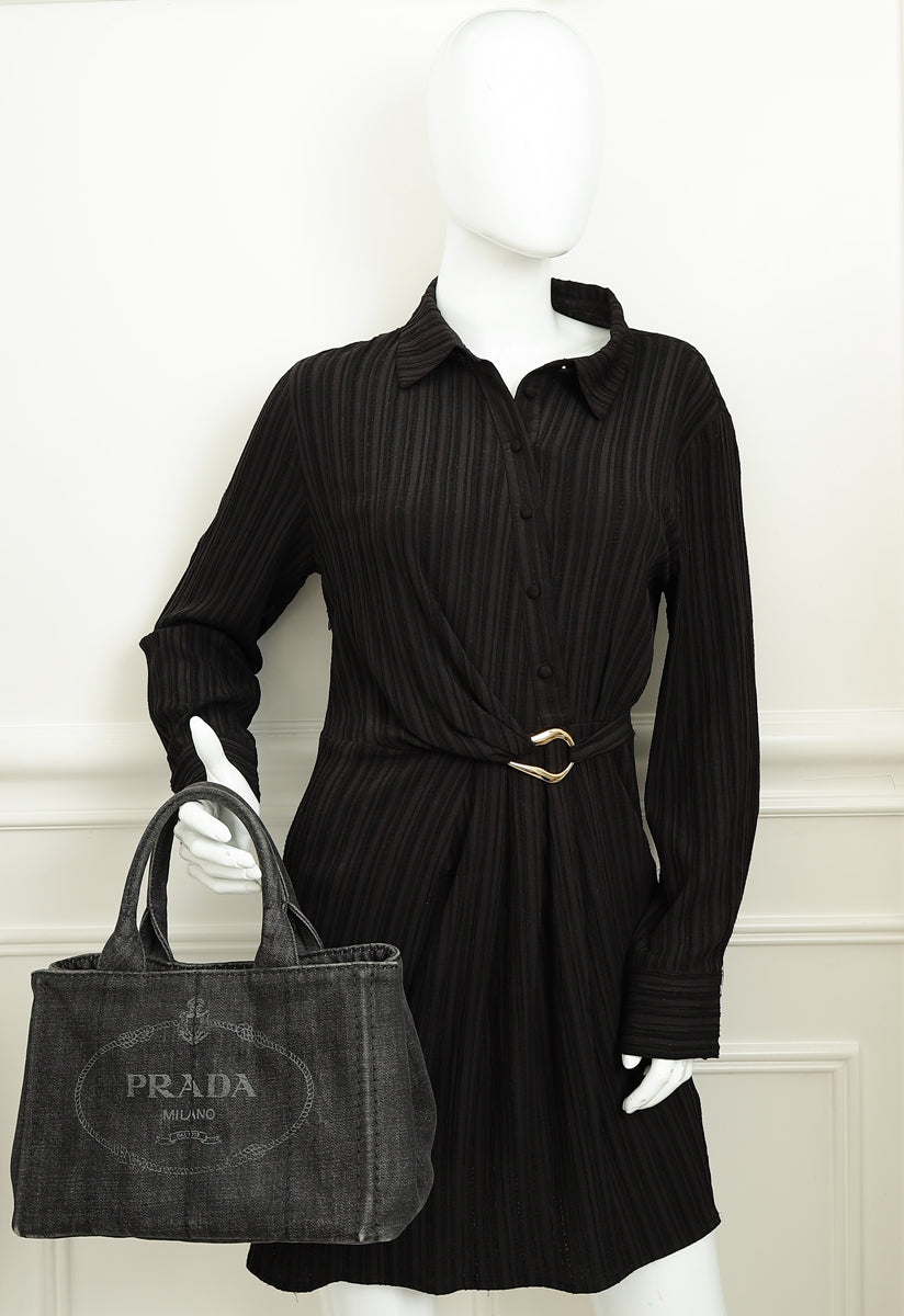Prada Black Denim Logo-Print Small Tote Bag