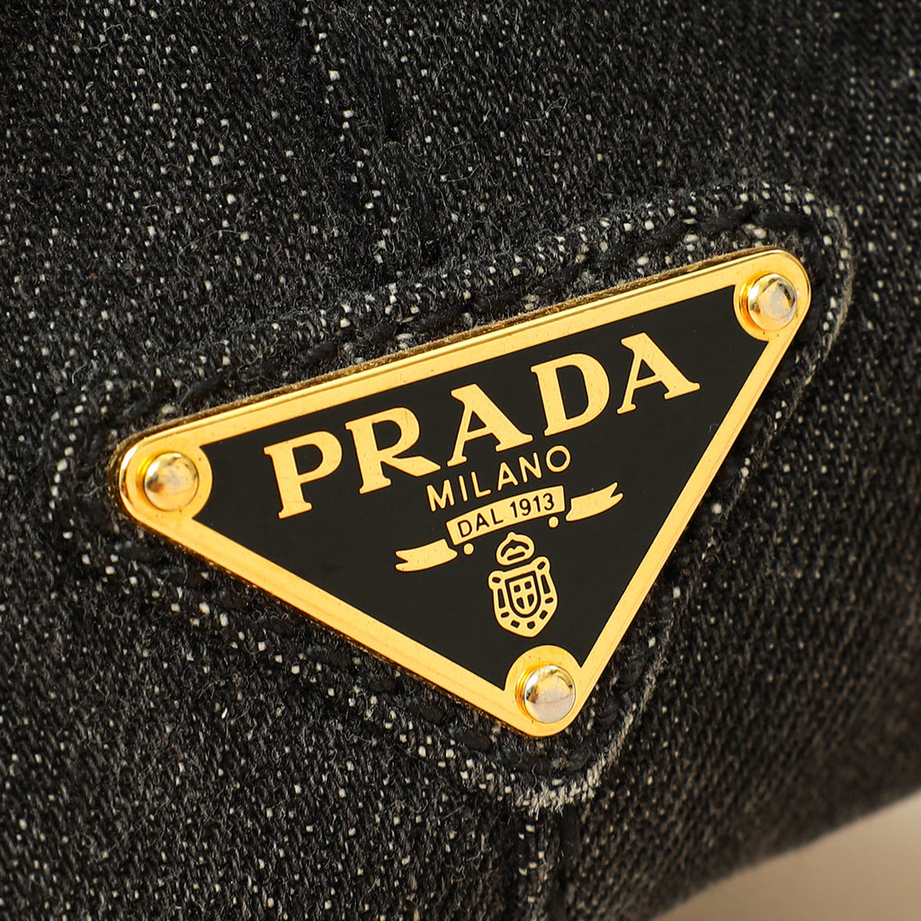 Prada Black Denim Logo-Print Small Tote Bag