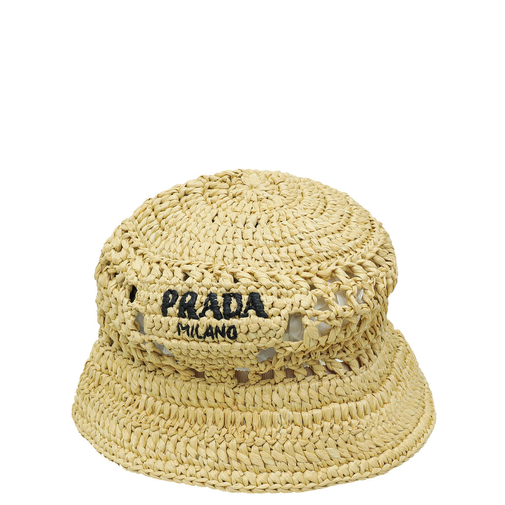 Prada Natural Beige Logo Viscose Raffia Bucket Medium Hat
