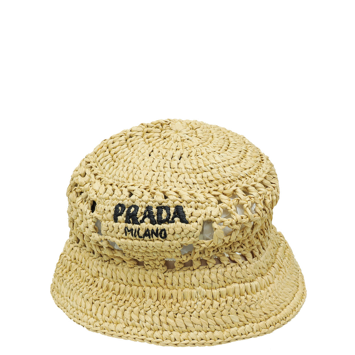 Prada Natural Beige Logo Viscose Raffia Bucket Medium Hat