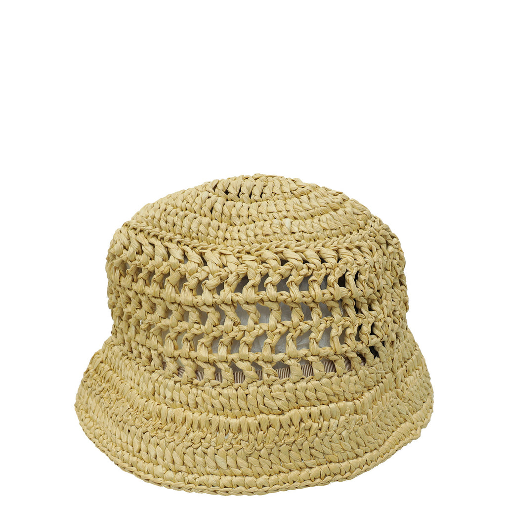 Prada Natural Beige Logo Viscose Raffia Bucket Medium Hat