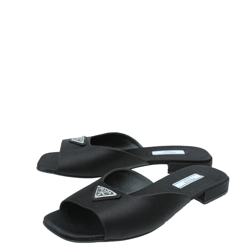 Prada Black Logo Satin Slide Flat Sandal 38