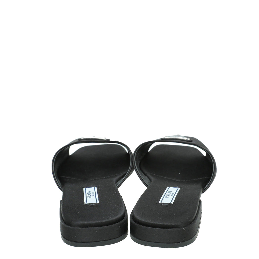 Prada Black Logo Satin Slide Flat Sandal 38