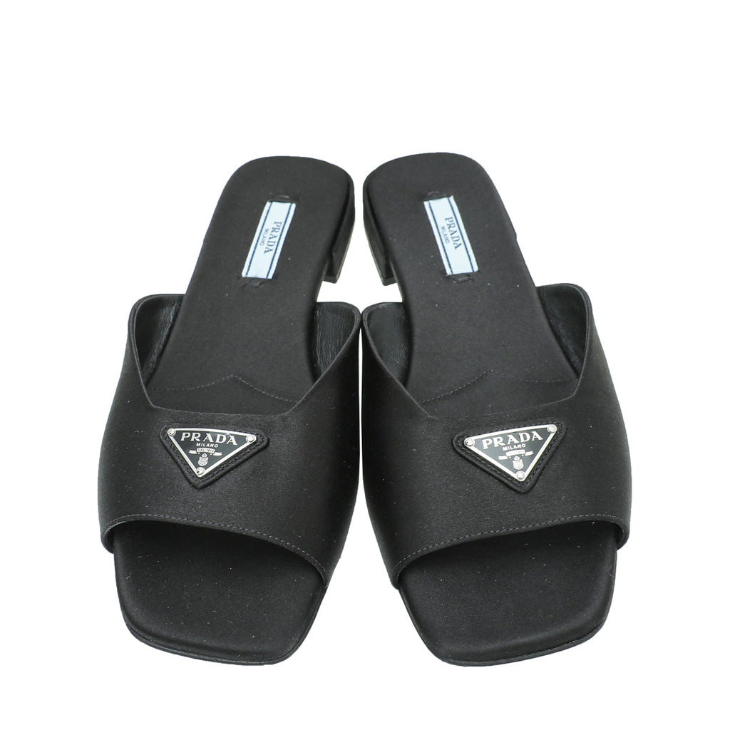 Prada Black Logo Satin Slide Flat Sandal 38