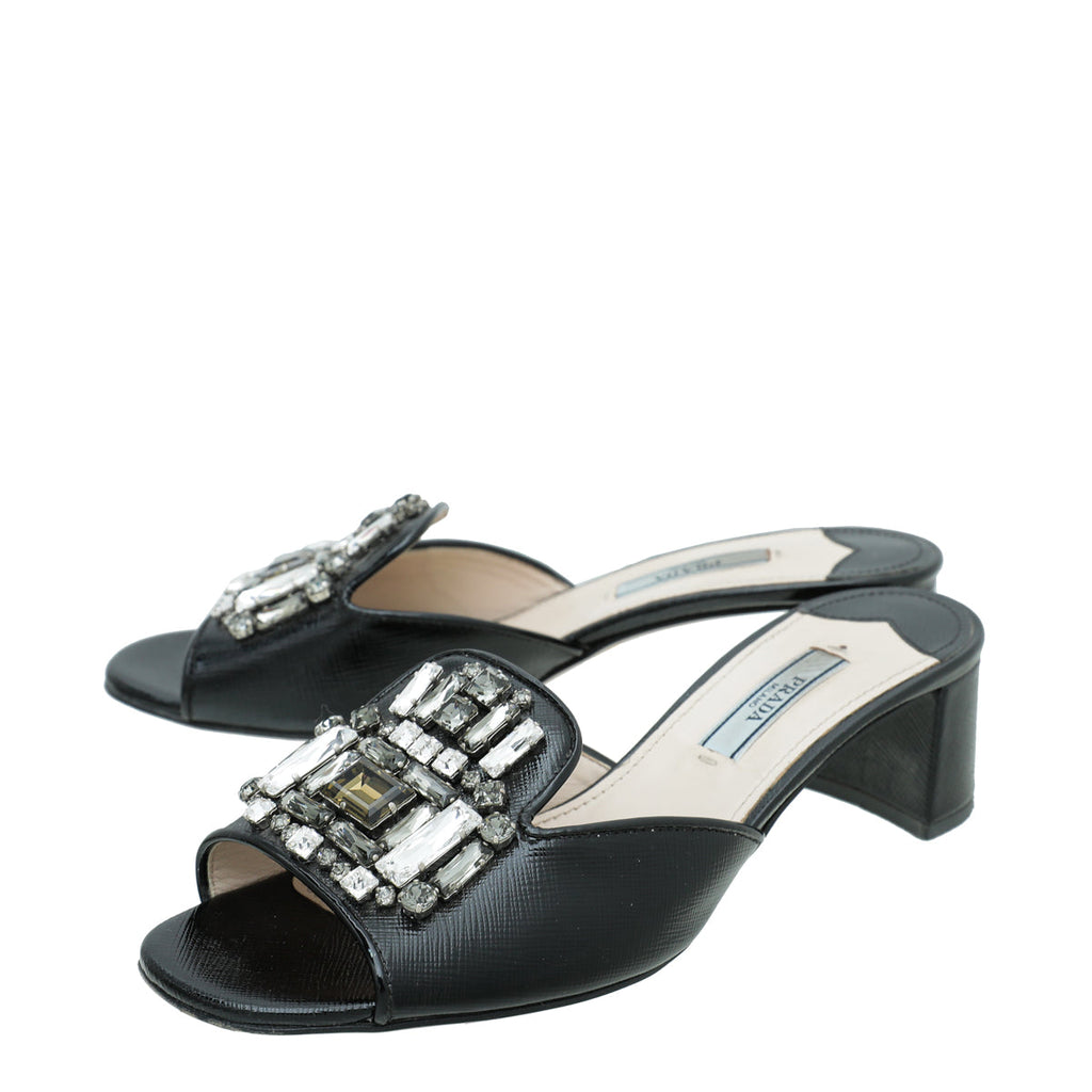 Prada Black Vernice Crystal Embellished Slide Block Mules 36