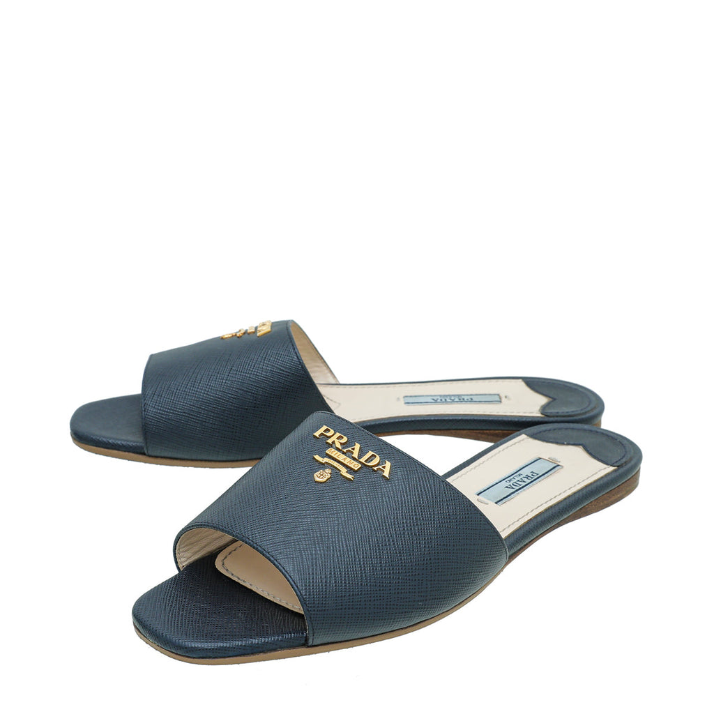 Prada Navy Blue Prada Logo Slide Sandal 37