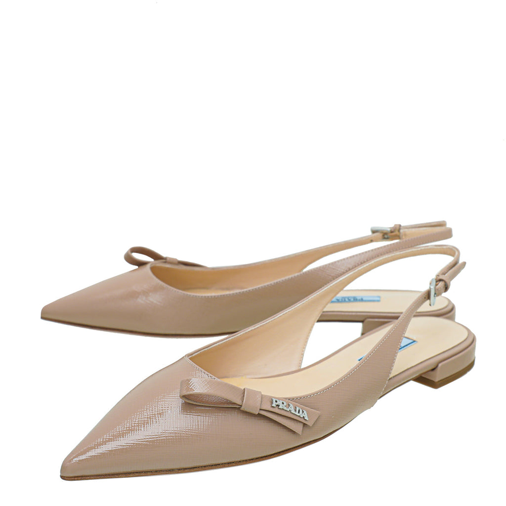 Prada Nude Vernice Bow Flat Slingback 39