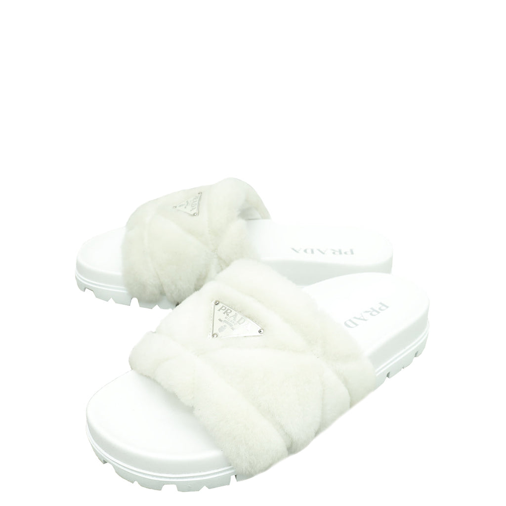 Prada White Logo Shearling Slide Sandal 36.5