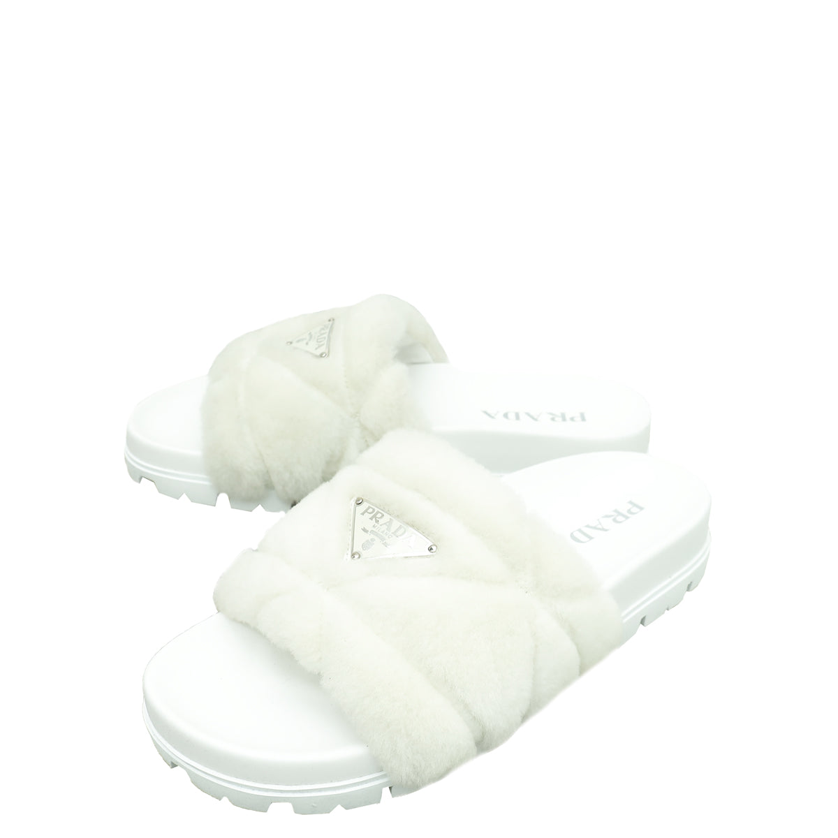 Prada White Logo Shearling Slide Sandal 36.5