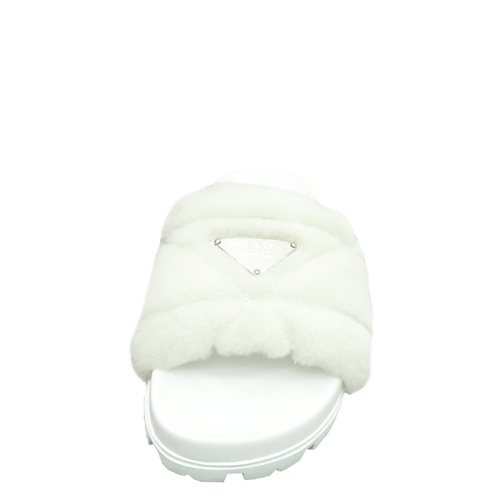 Prada White Logo Shearling Slide Sandal 36.5