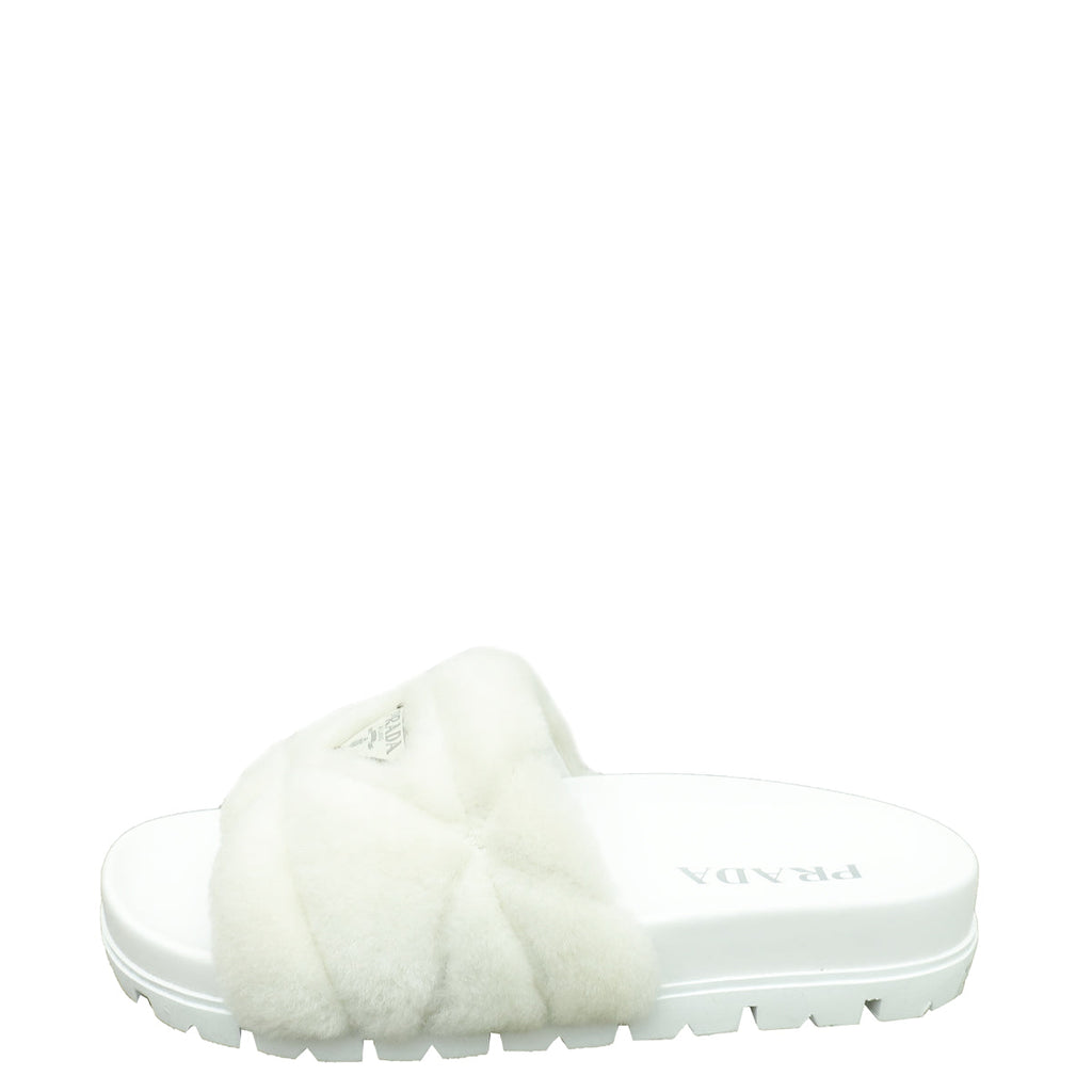 Prada White Logo Shearling Slide Sandal 36.5