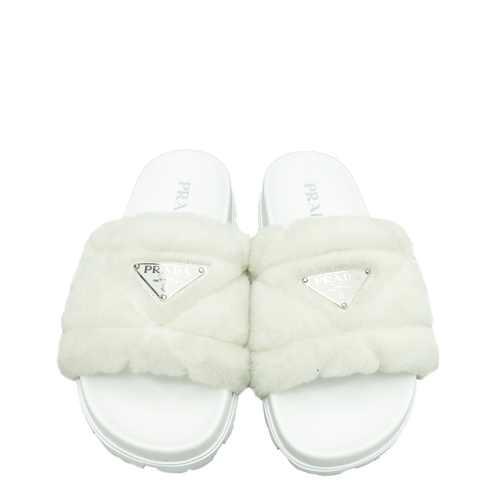 Prada White Logo Shearling Slide Sandal 36.5