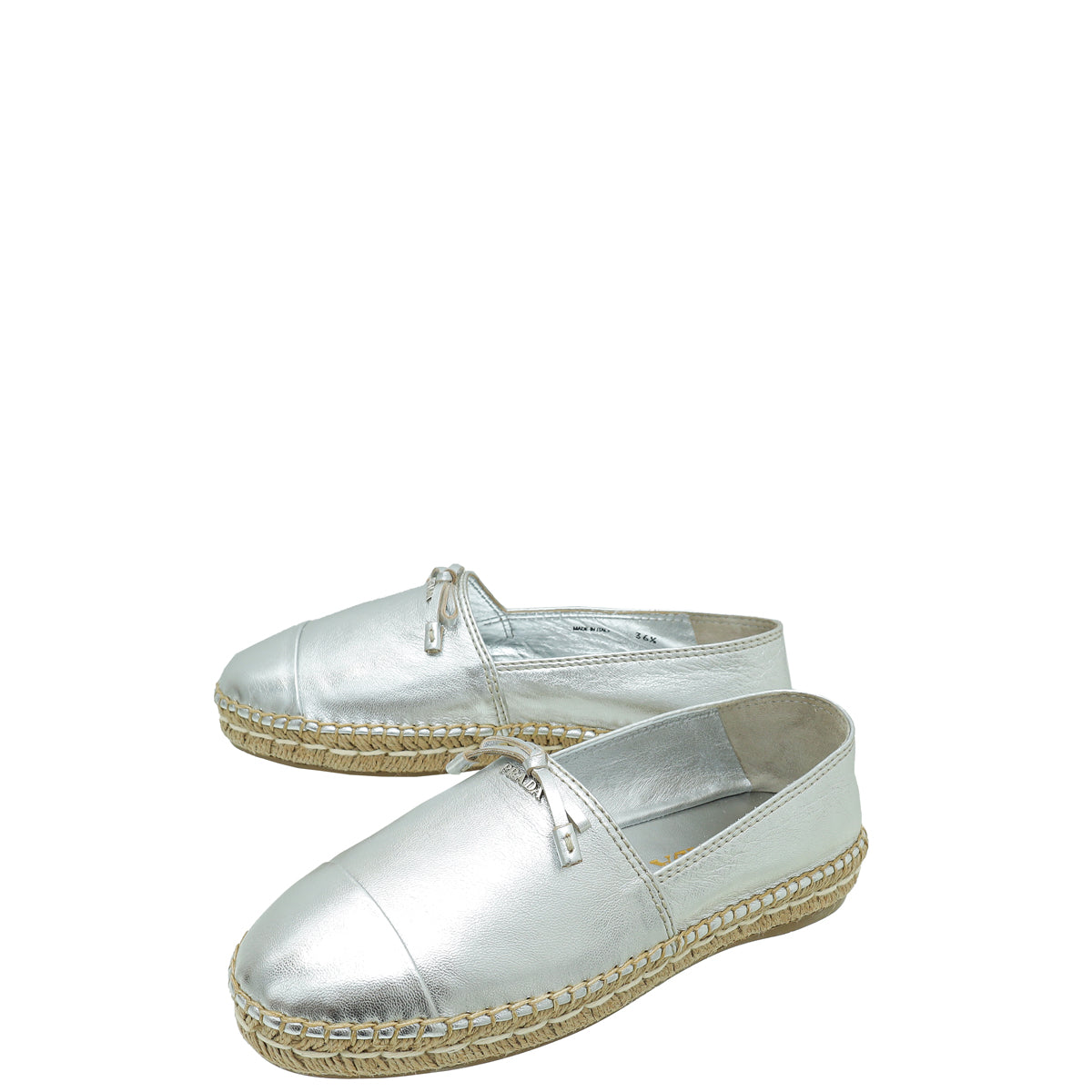 Prada Metallic Silver Logo Bow Espadrille 36.5