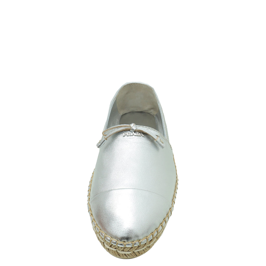 Prada Metallic Silver Logo Bow Espadrille 36.5