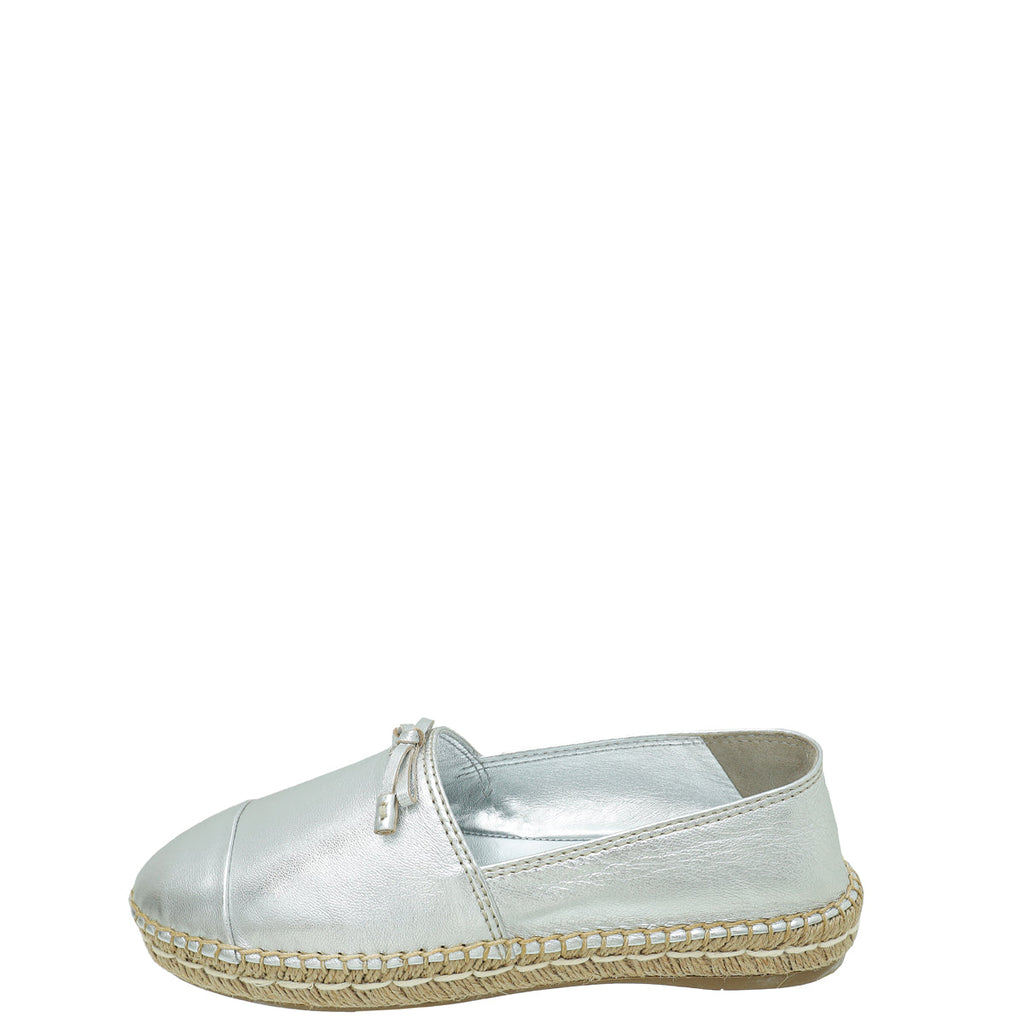 Prada Metallic Silver Logo Bow Espadrille 36.5