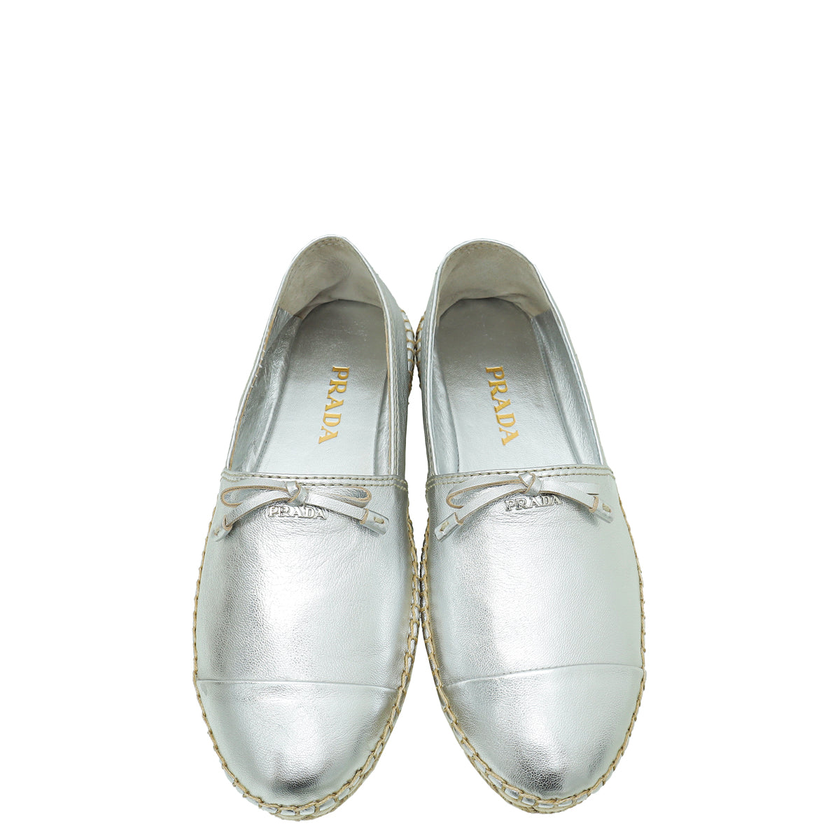 Prada Metallic Silver Logo Bow Espadrille 36.5