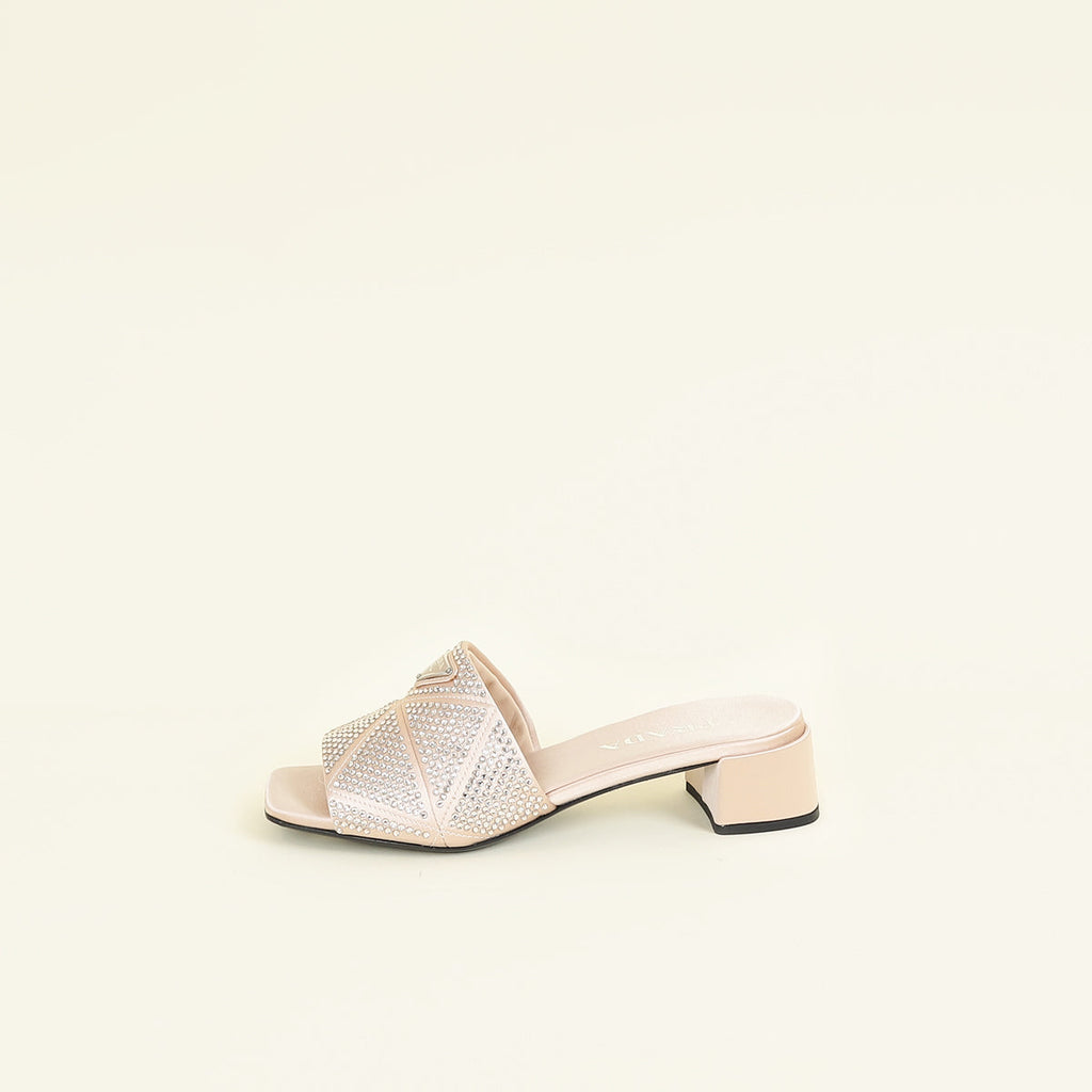 Prada Pink Nude Logo Crystal Slide Sandal 37.5